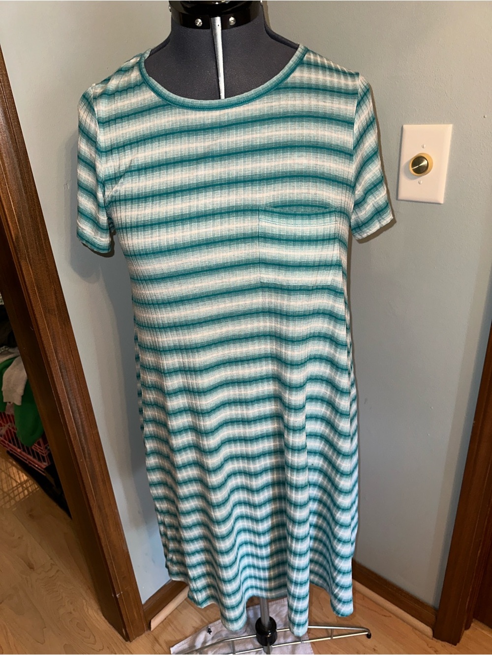 LuLaRoe Teal and White Striped Carly Short Sleeve Dress